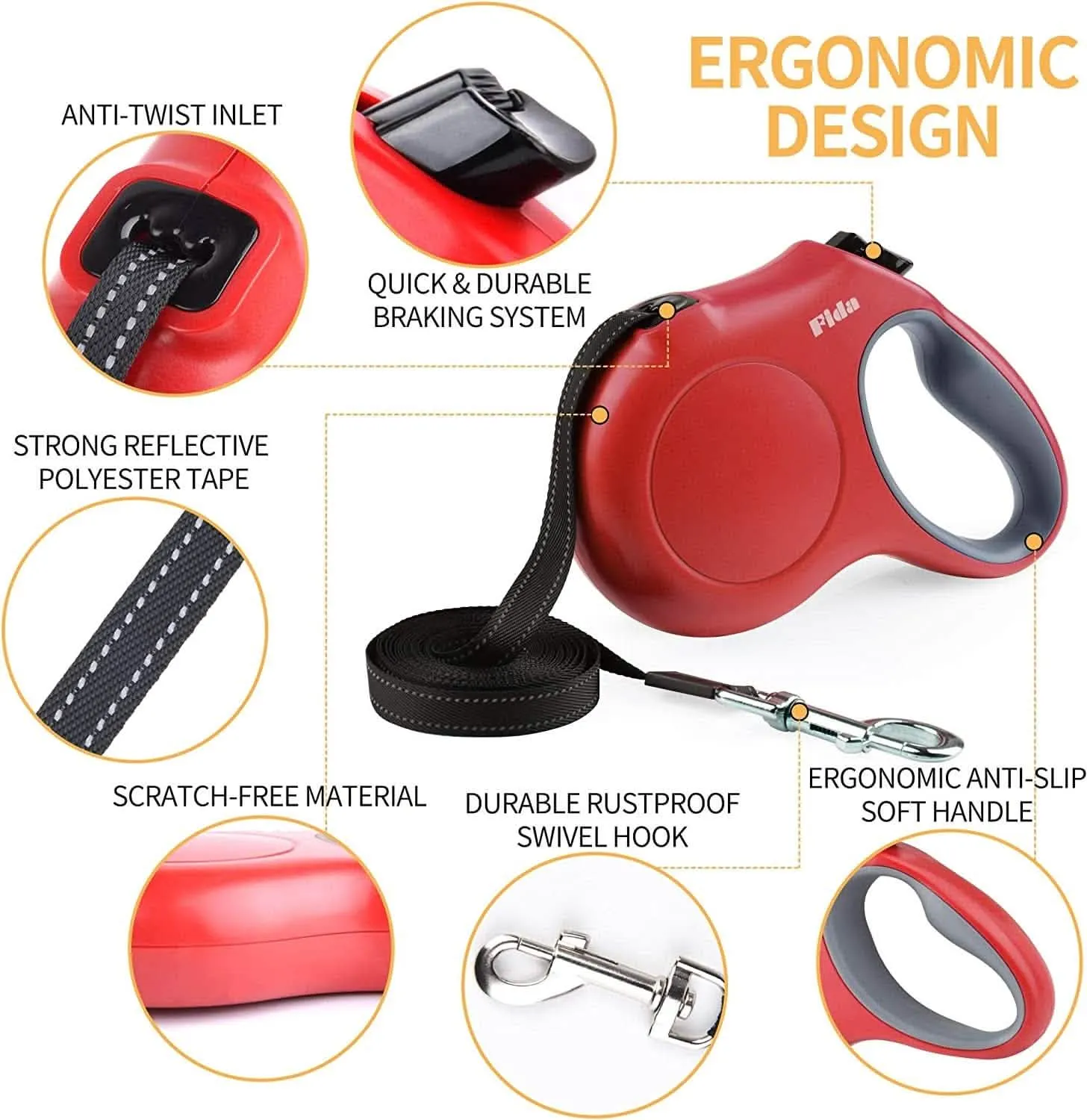 16ft Retractable Dog Leash with Bag Dispenser - Available in Red, Blue, White, and Black