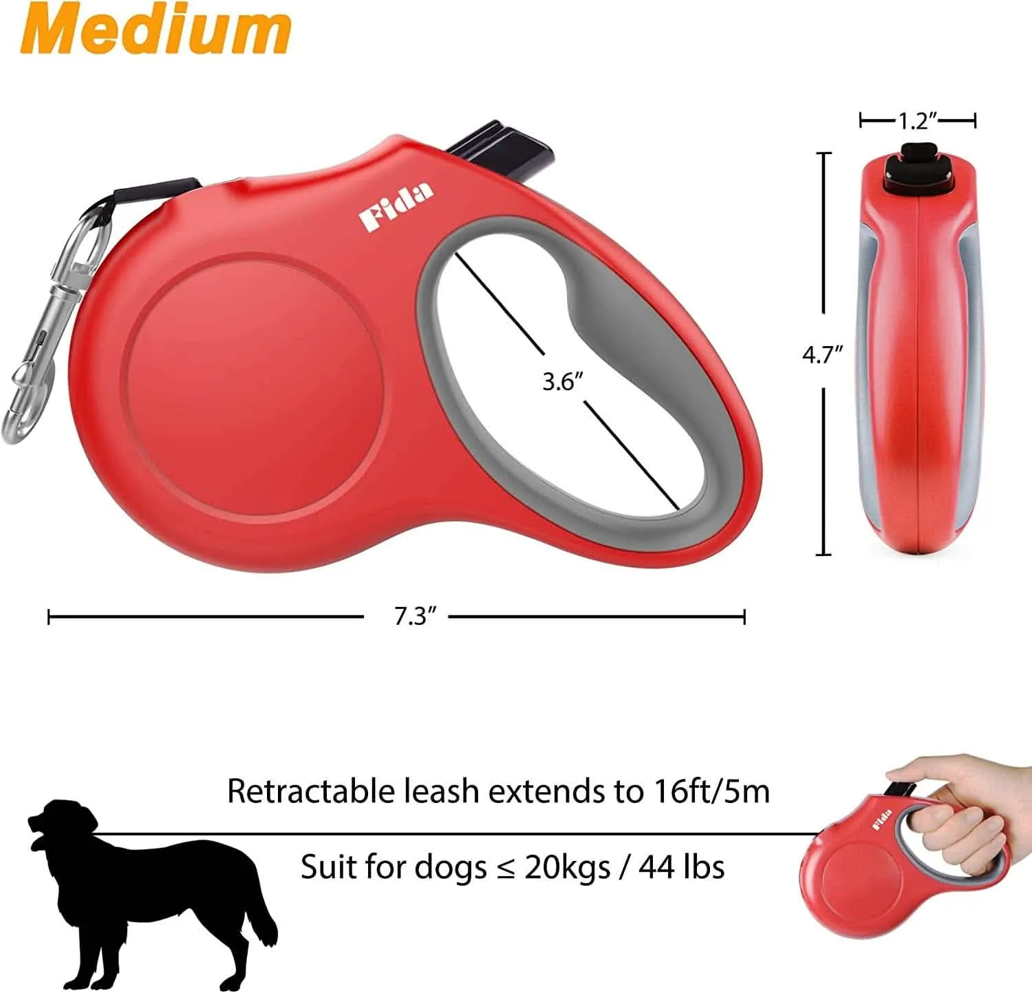16ft Retractable Dog Leash with Bag Dispenser - Available in Red, Blue, White, and Black