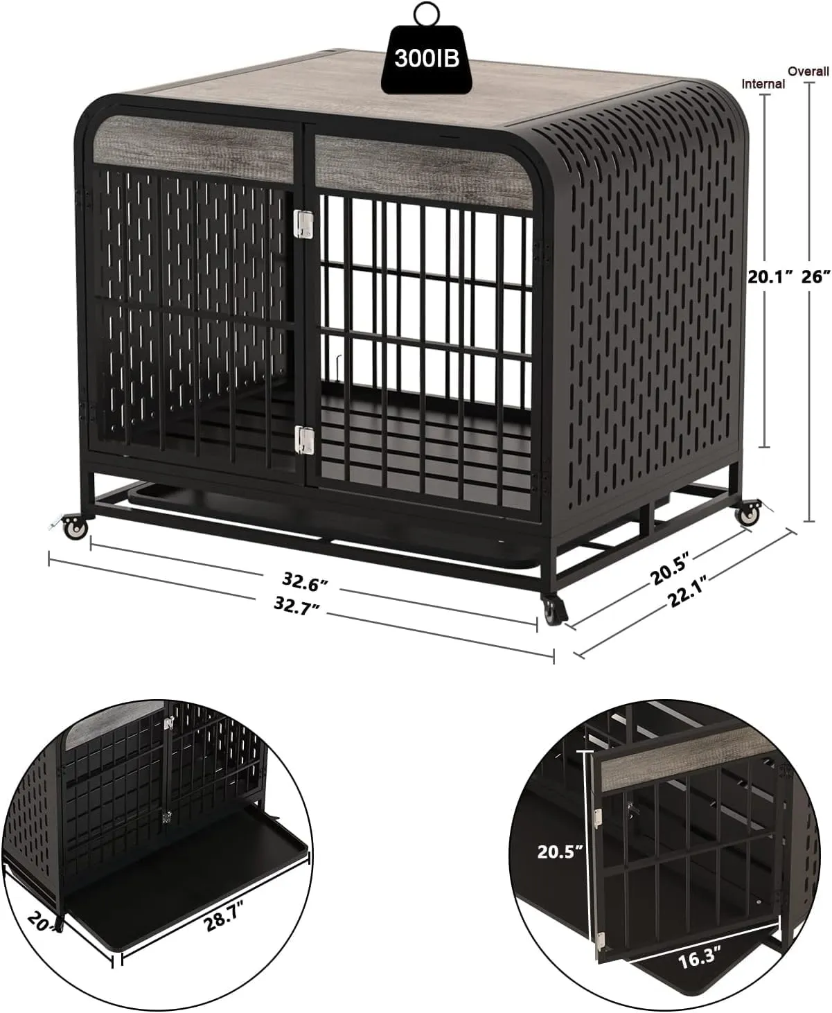 32" Heavy Duty Dog Crate Furniture Dog Kennel, Wood Indoor Dog Cage for Small and Medium Dogs, End Side Table Dog House with Wheels
