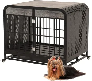 32" Heavy Duty Dog Crate Furniture Dog Kennel, Wood Indoor Dog Cage for Small and Medium Dogs, End Side Table Dog House with Wheels