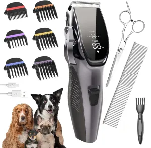 Dog Clippers Low Noise for Grooming,4 in 1 Dog Grooming Kit with 2 Speed,6 Guards,Scissors,Comb for Small Medium Large Pets Dogs Cats Thick Hair Cutting Light Pewter