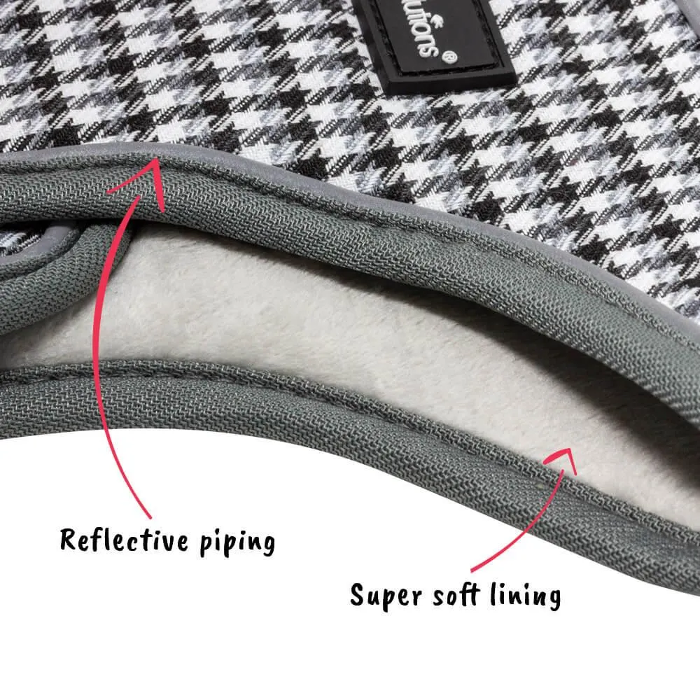 Dog Harness with Reflective Strip in Grey & White Check S/M