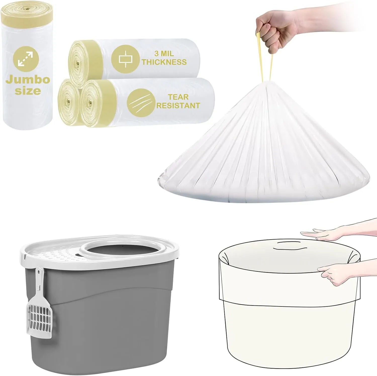 ELEGX 60 Count Litter Box Liners,HDPE Material 3MIL Extra Thick Heavy Duty 32.8  23.6 Jumbo Drawstring Cat String Liners,Compatible with IRIS Top Entry Cat Litter Box