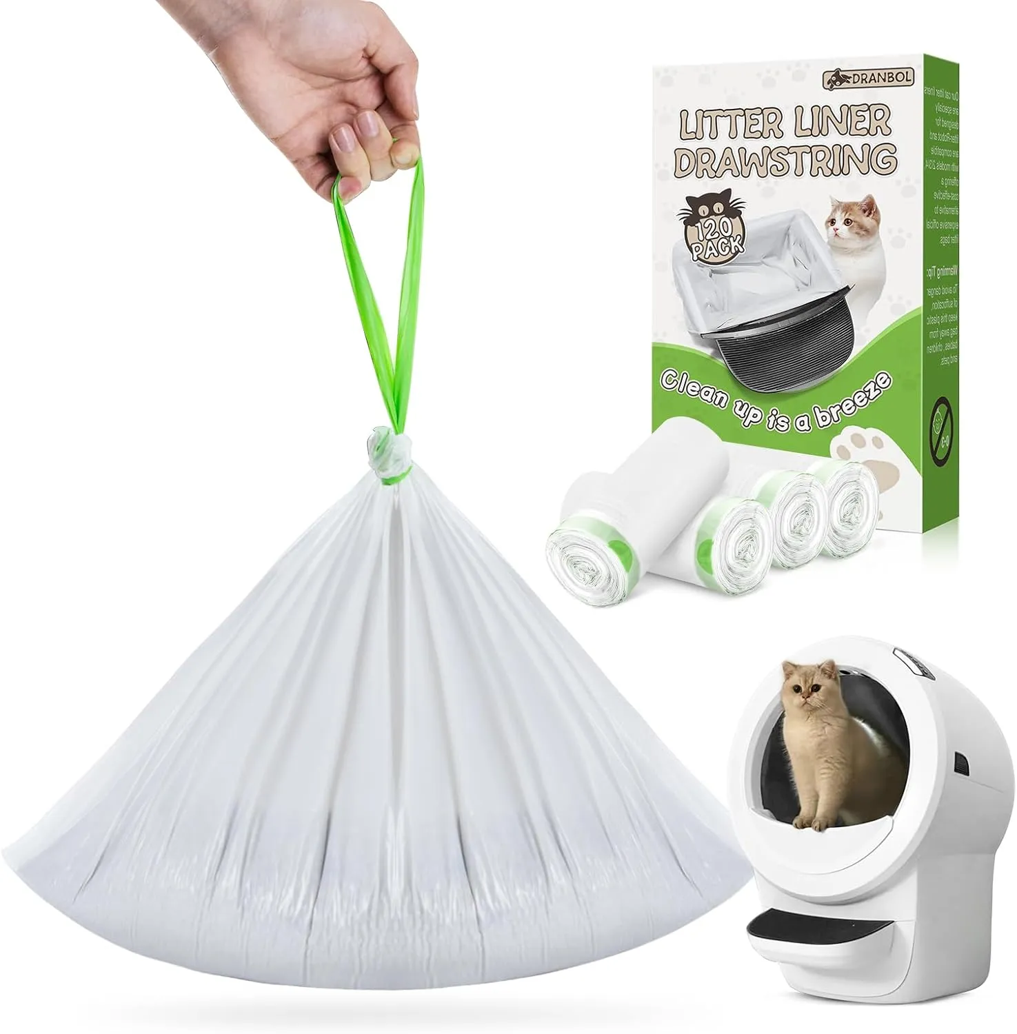 Litter Box Liners, 120 Count Jumbo Cat Litter Bags, Easy Clean Up Thick Large Kitty Litter Liners for Litter Box, Drawstring Cat Litter Box Liner Bags for Litter Box Robot 4 and 3