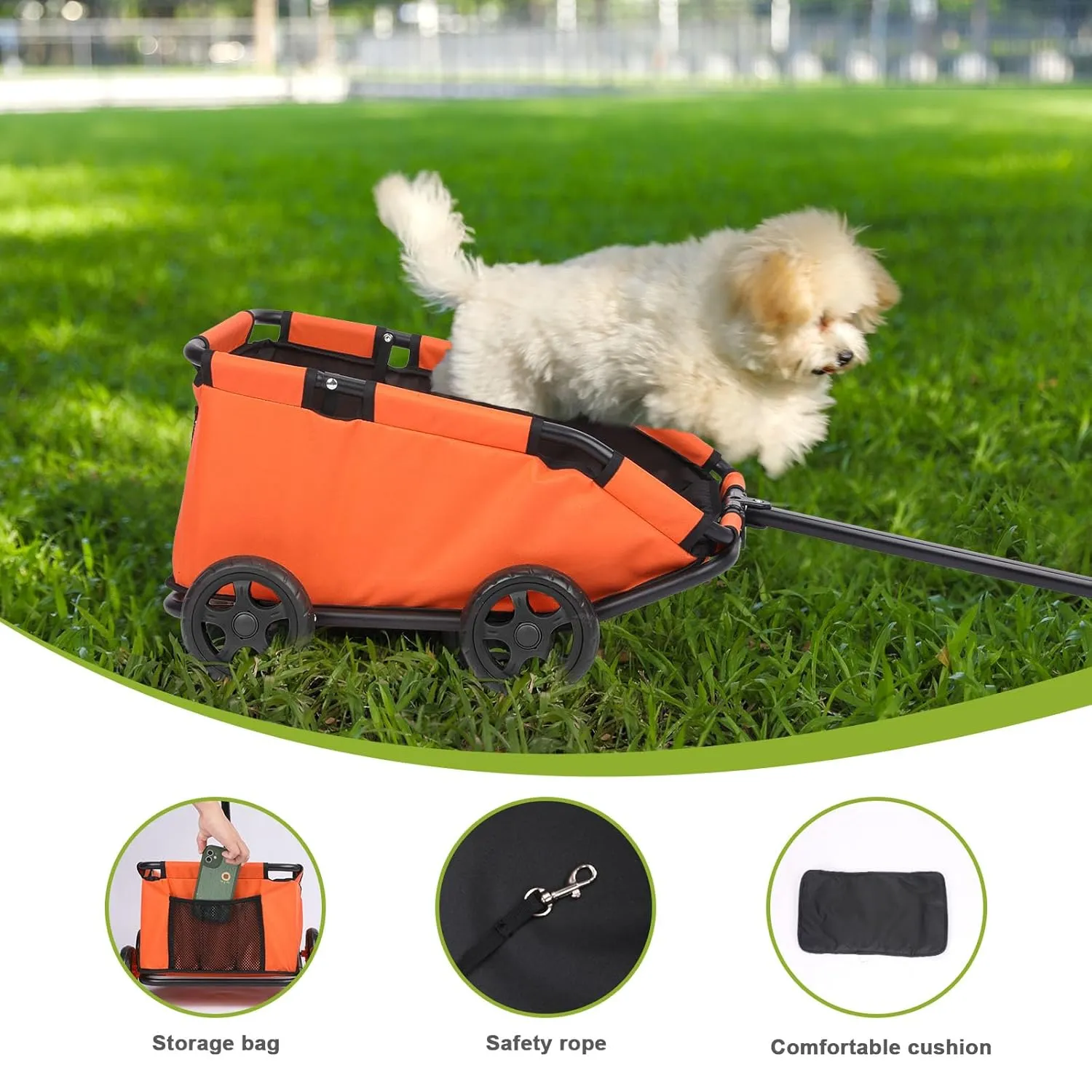 Mini Dog Stroller, Foldable Pet Stroller for Small Dogs & Cats with Safety Rope, Storage Basket & Built-in Cushion - Extendable Handle, Lightweight Carrier for Travel, Walking, Vet Visits (Orange)