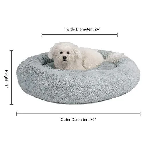 Veehoo Self-Warming Round Dog Bed for Medium Dogs & Cats, Luxurious Faux Fur Donut Cuddler, Bolster Pet Bed & Sofa, Extra Plush Dog Pillow & Couch, Machine Washable, Grey